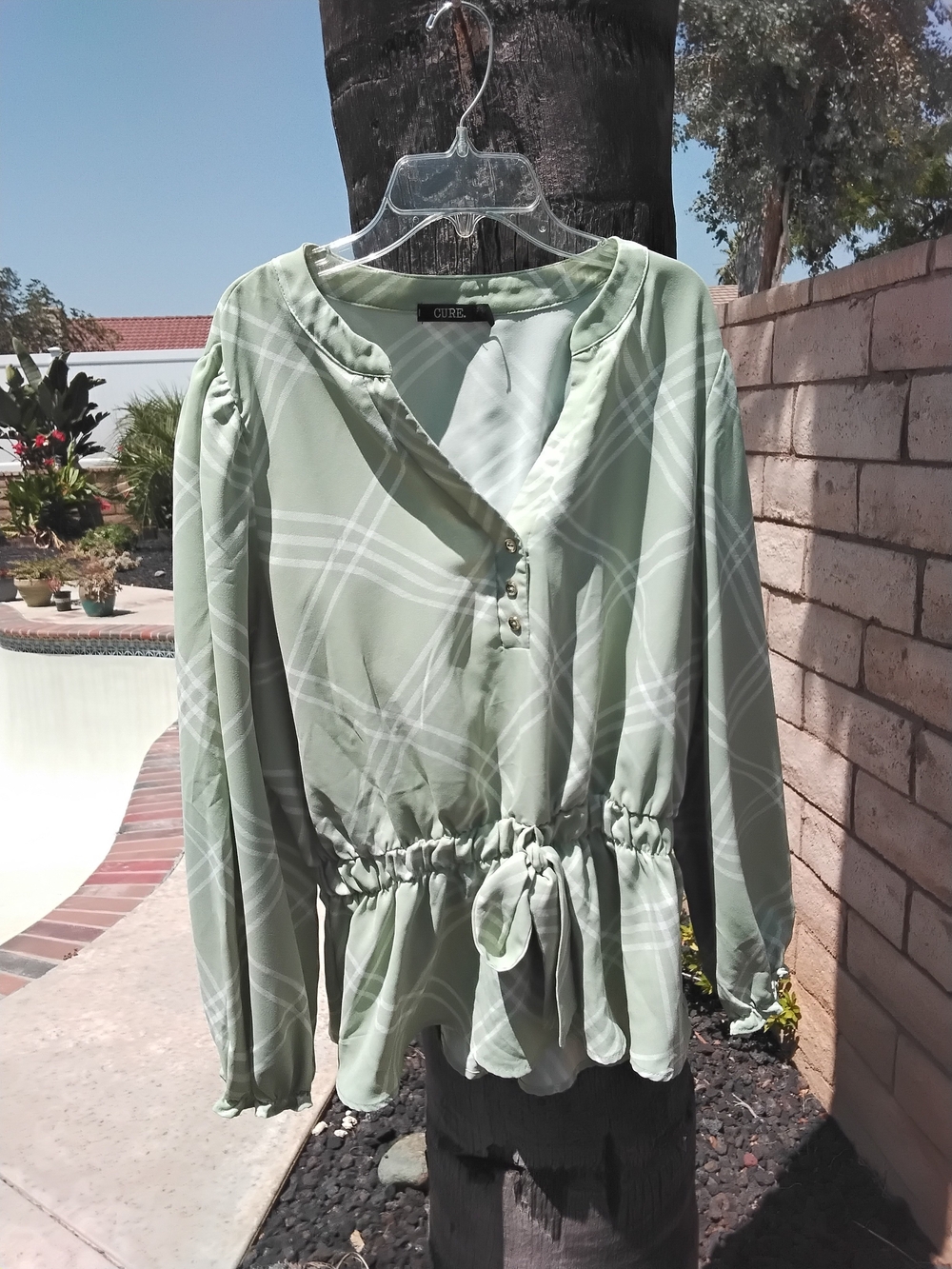 Cure Sage Green Plaid Drawstring Long-Sleeve Blouse
